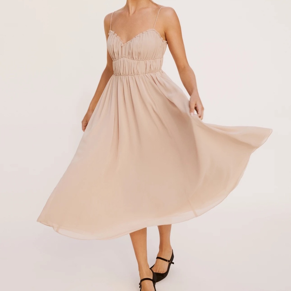 REFORMATION NWT Pique Paloma Ruched Gathered Bust Dress Backless Midi Tie Strap